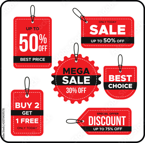 Vector set of red and yellow sale tags, discount labels, and promotional badges