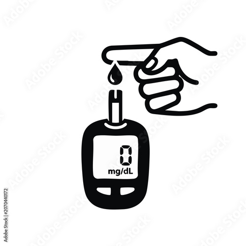 Blood glucose meter and hand icon. Diabetes sugar testing concept. Vector graphic isolated on transparent background