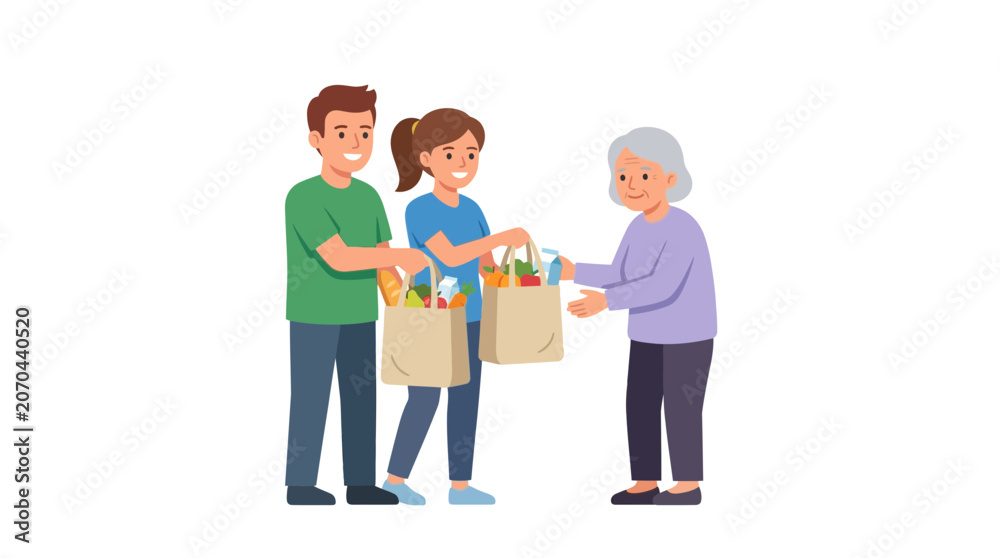 Obraz premium Young couple helping elderly woman with groceries, community support, kindness