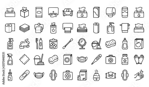 Schilderij op canvas Hygiene and sanitation line icons set cleaning disinfection and health protectio