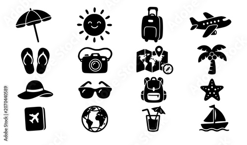 Foto Black silhouette travel icons set summer vacation and tourism graphics