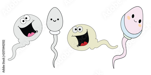 Cute cartoon sperm characters with funny faces, friendly sperm cell vector set, happy reproductive health icons for education and fertility