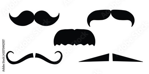Vintage mustache silhouettes set, collection of 5 black facial hair icons, retro gentleman mustache vector elements for barber shop branding
