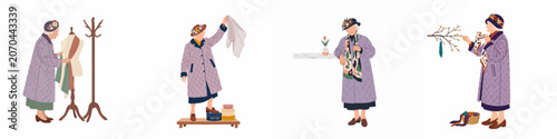 Fotografía Flat Illustration Set of a Stylish Senior Woman Dressing a Mannequin, Posing with Scarves, and Handling Fashion Accessories in a Boutique