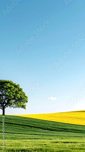 Serene landscape with tree and fields.