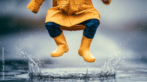 Playful young female child jumping in a puddle on a rainy street wearing yellow rubber boots and raincoat, enjoying outdoor rain weather, childhood fun, energy, motion, and urban wet environment