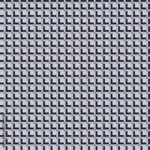 ​Seamless geometric pattern with abstract L-shaped lines and square grid in navy blue and grey colors.