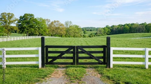 Black wooden gate entrance leading to a green grassy pasture. White rural fence enclosing a livestock meadow on a sunny spring day. Landscape scenery of countryside farm and land.