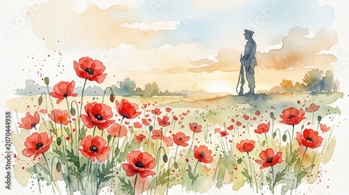 remembrance art, a field of bright red poppies with a soldiers respectful silhouette nearby