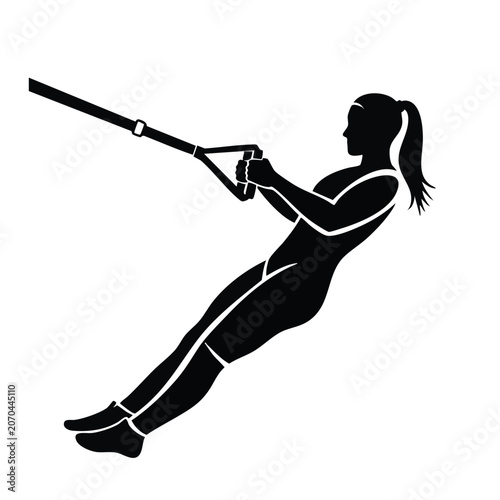 Female suspension row exercise silhouette icon. Back and core workout vector illustration. Fitness graphic isolated on transparent background