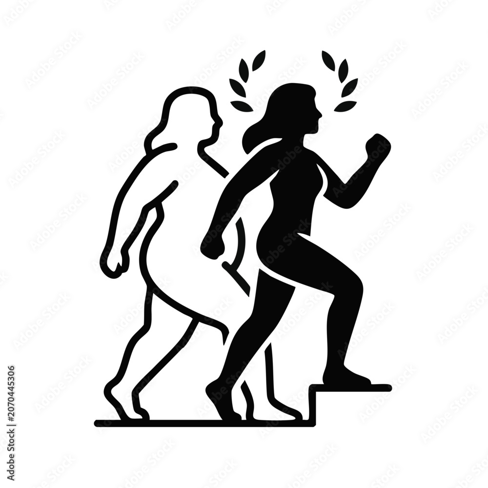 Obraz premium Weight loss success and fitness achievement concept. Fit female silhouette climbing stairs with laurel wreath. Flat vector illustration