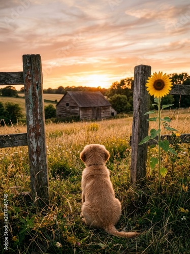 Puppy sitting on a farm, watching a sunset over a rustic field and barn.