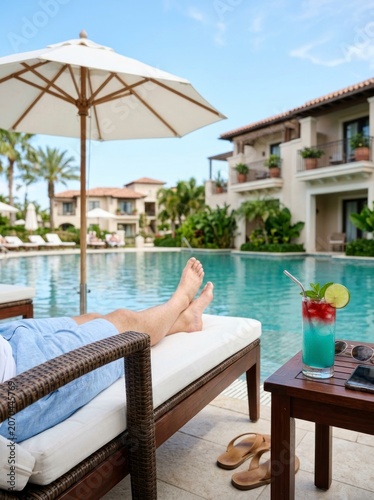 Relaxing by the swimming pool, legs on a lounge chair with a cold drink.