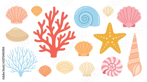 Photography Pastel sea shells and coral reef collection, 14 underwater ocean elements vector