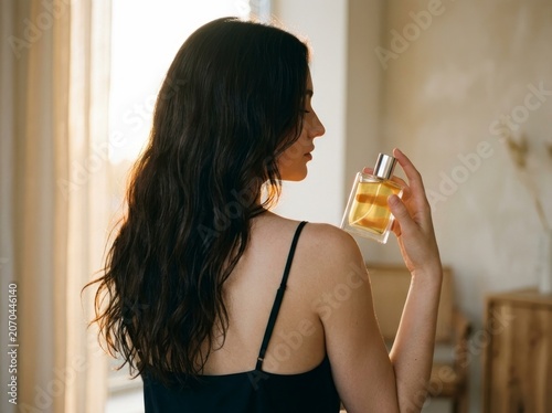 Woman applying perfume on her shoulder, backlit morning light indoors.