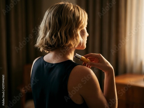 Woman applying perfume to neck, elegant lifestyle in warm sunlight