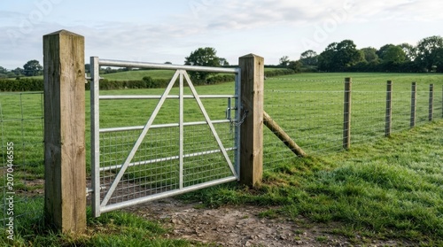 Metal gate in wooden fence on green field. Agricultural boundary of rural pasture. Landscape view of countryside farm land with wire fencing for livestock enclosure and property limit.