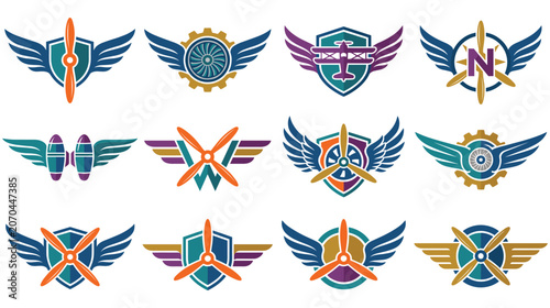 Fotografía Aviation emblems with propellers wings and gear icons for pilot insignia