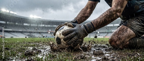 Goalkeeper diving for soccer ball on muddy field during heavy rain in stadium