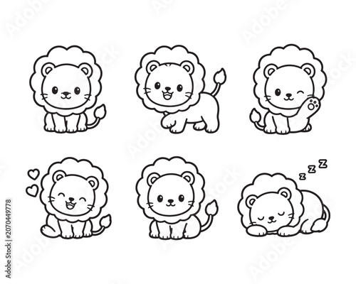 Cute Lion Outline Bundle Collection Kawaii Animal Vector Set