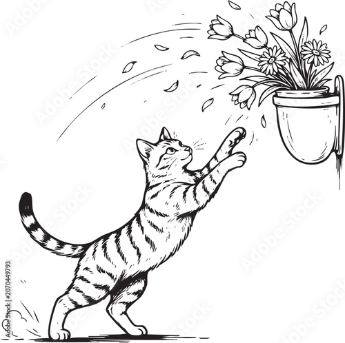 A cat playfully knocks over a hanging flower pot with its paw outdoors