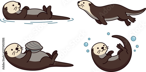 Cute Sea Otter Vector Illustration Set Featuring Floating Swimming and Holding a Clam Shell for Marine Wildlife and Cartoon Educational Designs