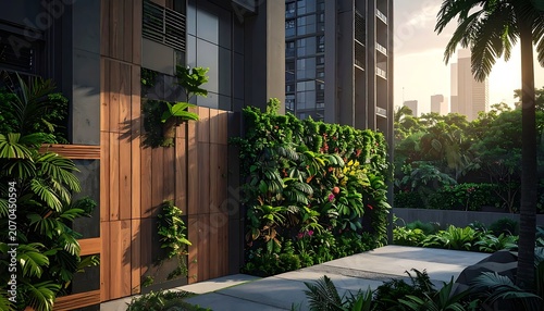 Modern apartment building with lush greenery.
