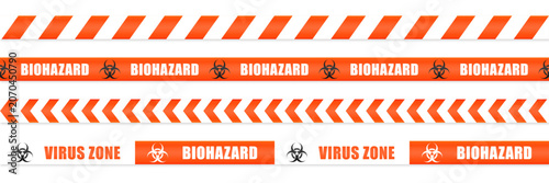 Biohazard virus zone line tape vector set. Isolated red biohazard seamless pattern lines tapes on white background. Keep out Biological hazard sign ribbon. Pandemic area concept. Vector illustration.