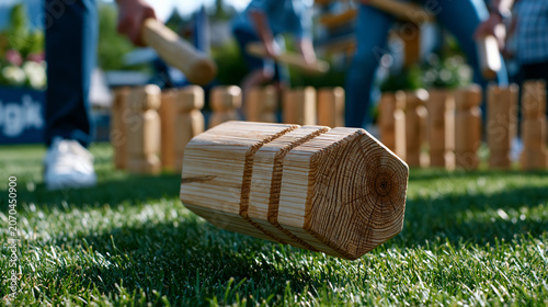 Kubb players launching wooden batons across trimmed grass pitch at outdoor Scandinavian garden game, Viking chess pieces standing in end rows, family tournament atmosphere in afternoon shade, precis