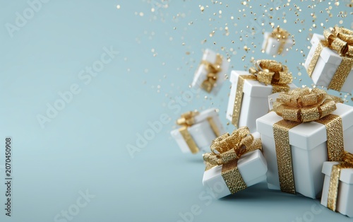 Gifts and Presents with Golden Ribbons and Confetti