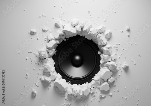 Speaker breaking through wall, destruction, audio power