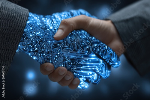 Business Partnership Handshake with Circuit Board Elements