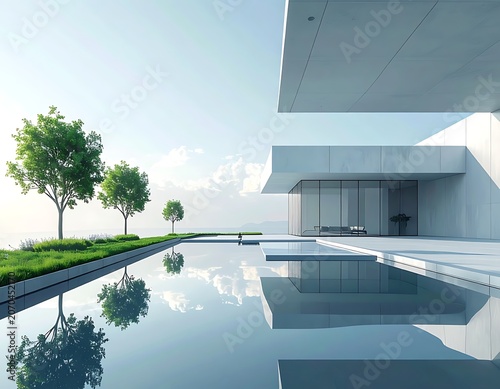 Modern house with pool and trees.