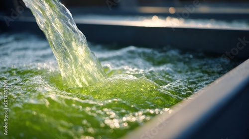 Water flows into a tank filled with vibrant green liquid, creating bubbles and ripples