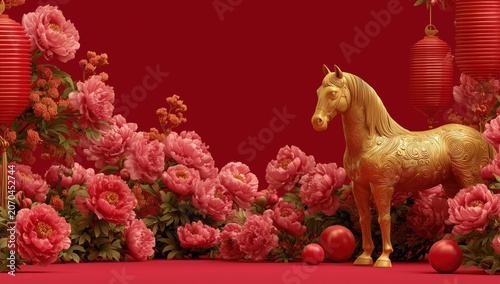 Golden Horse with Pink Flowers and Red Lanterns