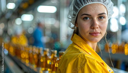 Young Female Worker in Factory Wearing Yellow Uniform and Cap.