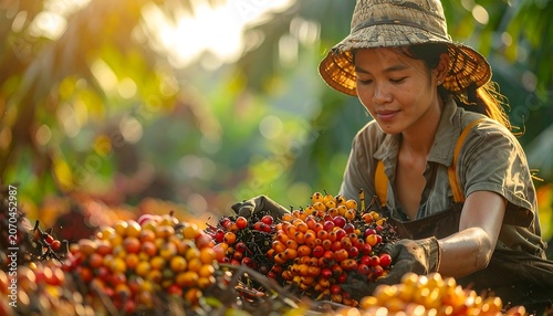 Young Woman Harvesting Rambutan Fruit in Orchard.