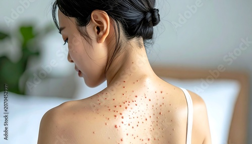 Young Woman with Skin Acne and Blemishes on Back.