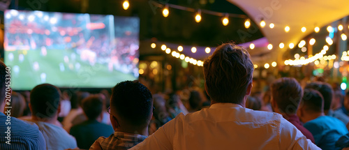 The back of a gathering observing a televised football game on a large outdoor venue's screen, the scene bathed in welcoming string lights.