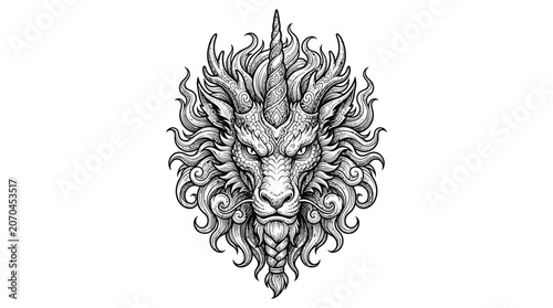 Detailed illustration of a mythical dragon head with intricate details.