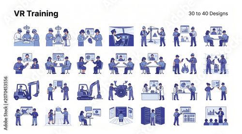 Fotografie Virtual reality training technology vector icon set featuring diverse industrial