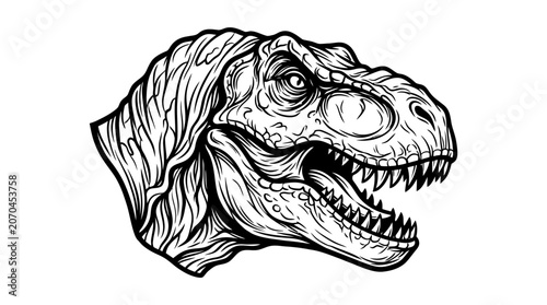 Detailed illustration of a Tyrannosaurus Rex dinosaur head.