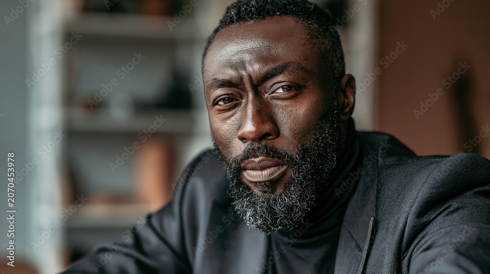 Fototapeta premium Workplace impostor syndrome middle aged African man wary