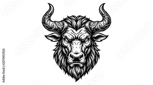 Fierce Bull Head Illustration With Intricate Horns.