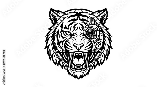 Fierce cybernetic tiger head with mechanical eye and implants.