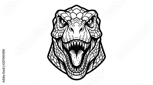Fierce Dinosaur Head Illustration Black and White.