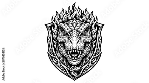 Fierce Dragon Head Emblem with Flames and Celtic Knot Border.
