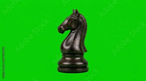 Dark wood chess knight piece on green background