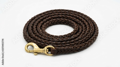 Coiled braided brown leather leash for pets