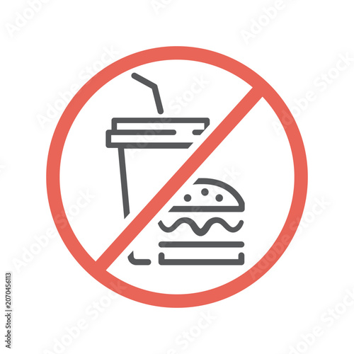 No food or drink allowed sign, fast food prohibited, crossed out hamburger and soda cup, vector, icon.